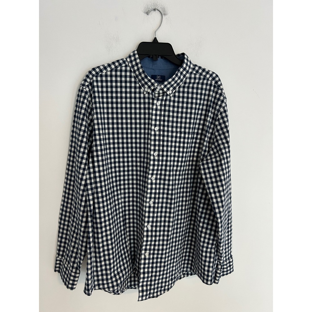George Men 2XL Classic Fit Gingham Button Down Shirt Navy Blue White Long Sleeve